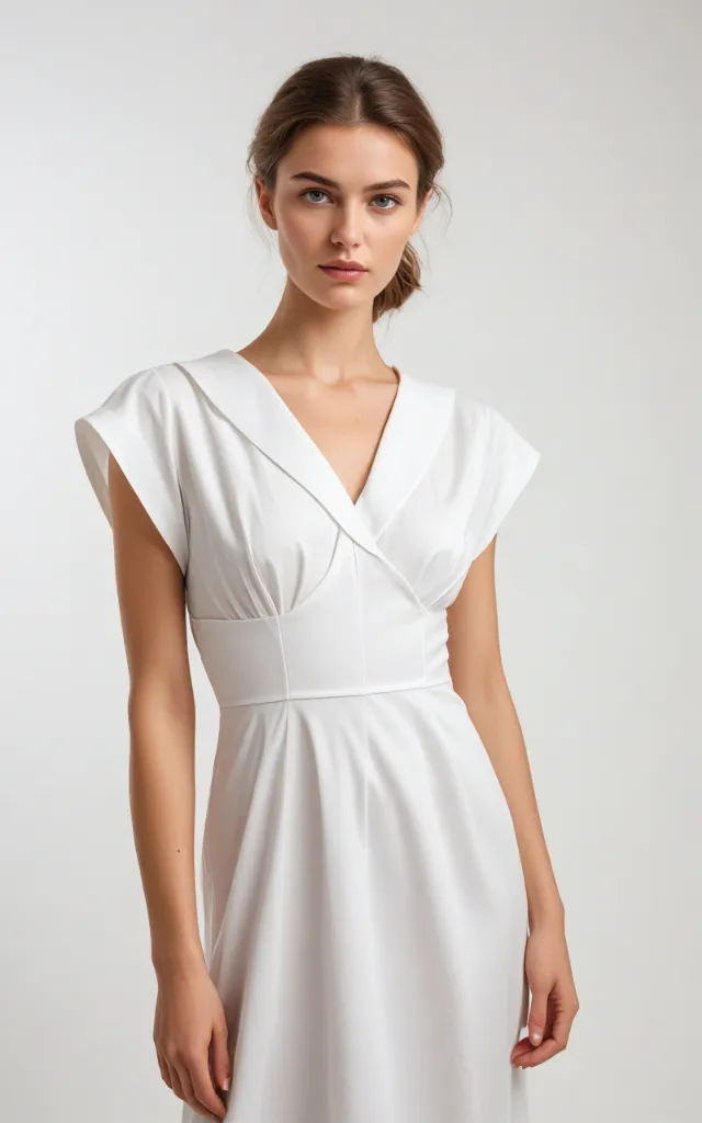 A European female model wearing a dress with a V   neck collar, white background, bust portrait